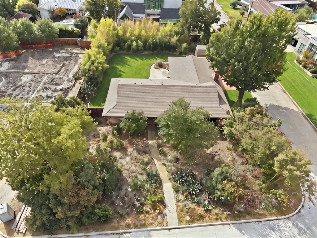 Spacious corner lot featuring a maturely landscaped front yard with varied shrubbery, established trees, a paved walkway, a private rear lawn, and perimeter fencing