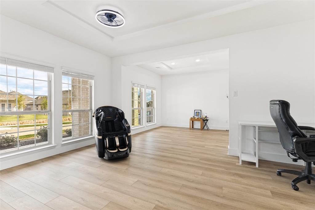 Interior space featuring wood-finish flooring, tray ceilings, recessed lighting, a modern circular ceiling fan, and large windows with grid detailing