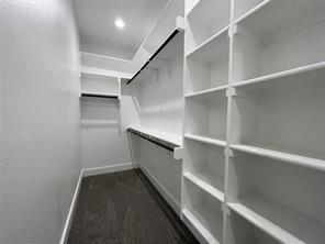 Walk-in storage space featuring floor-to-ceiling built-in white shelving, integrated hanging rods, and dark carpeting
