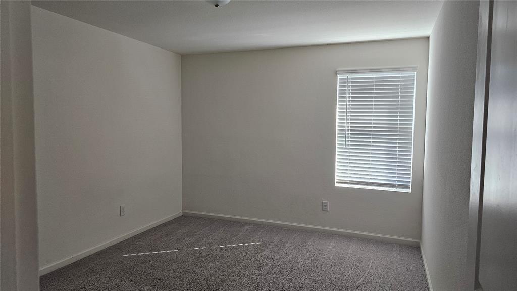 Neutral-toned wall finish, wall-to-wall carpeting, and a window fitted with horizontal blinds
