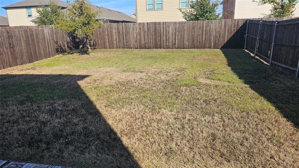 Fenced backyard featuring a grass lawn and a mature tree