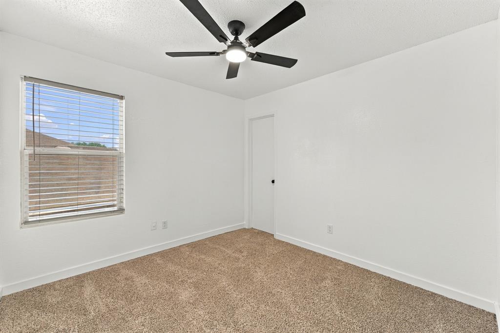 Neutral interior featuring carpeting, a multi-blade ceiling fan with integrated lighting, and a single-pane window with horizontal blinds