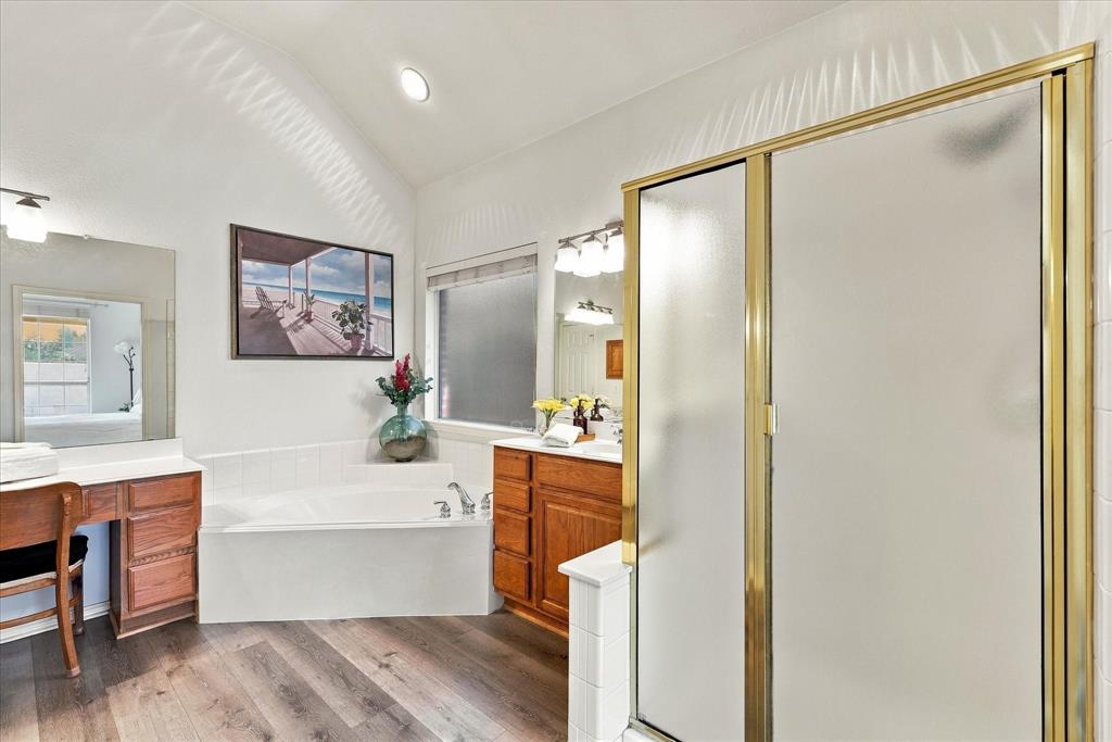 Spacious bathroom with garden tub awaits you.