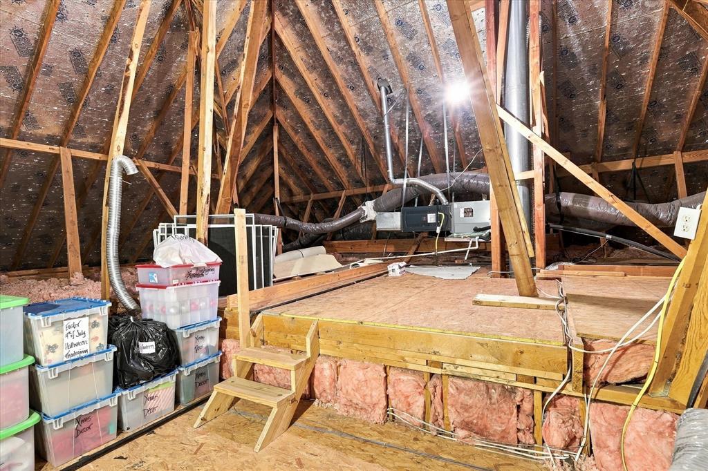 Attic space featuring plywood flooring for ample storage.