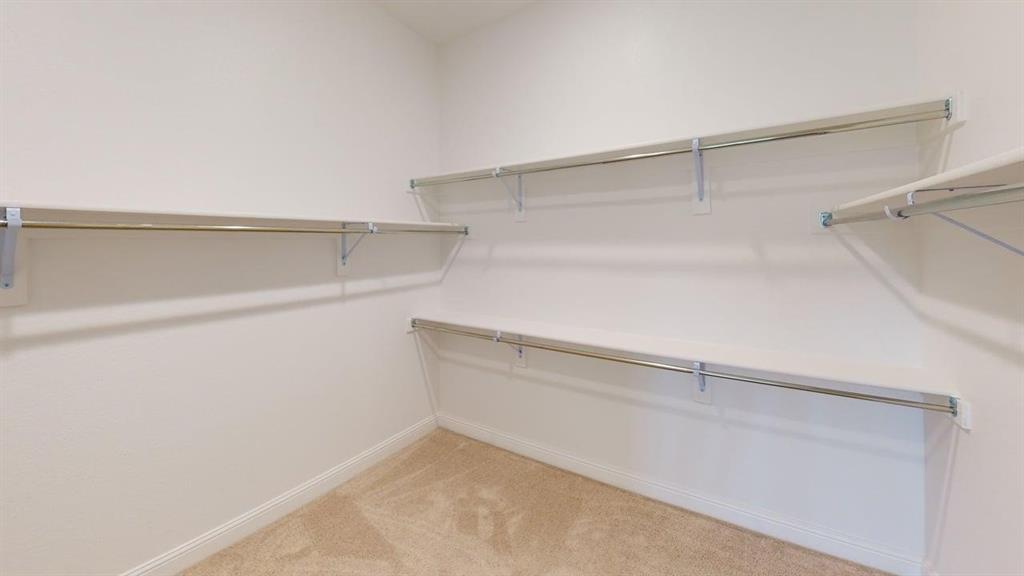 Walk-in closet featuring wall-to-wall carpeting and tiered metal shelving with integrated clothing rods
