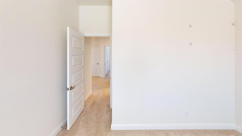 Five-panel interior door with a brushed metallic lever handle, neutral wall-to-wall carpeting, and crisp white wall finishes