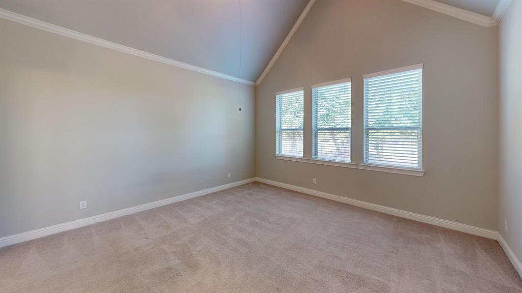 Vaulted ceiling featuring crown molding, neutral wall color, and triple windows with horizontal blinds