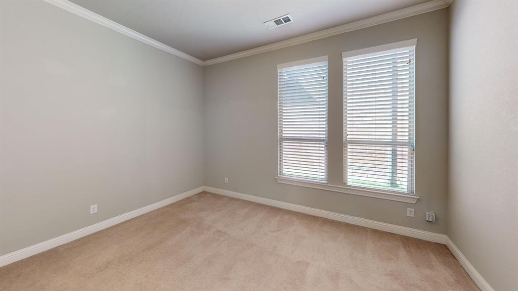Neutral-toned interior featuring wall-to-wall carpeting, crown molding, and dual windows equipped with horizontal blinds
