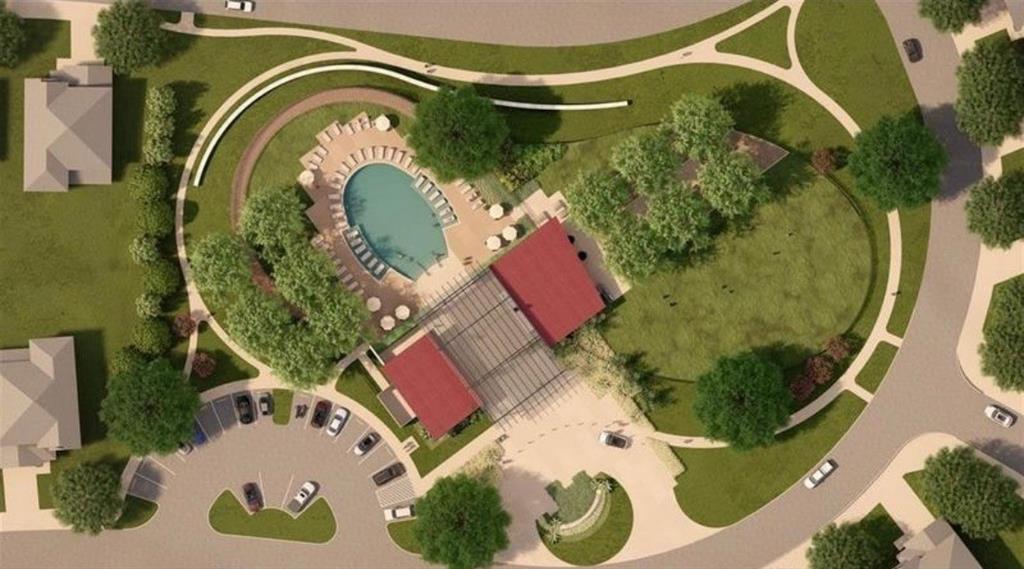 Aerial rendering of community amenities featuring a swimming pool, expansive paved pool deck, covered pavilion, dedicated parking area, and landscaped green space