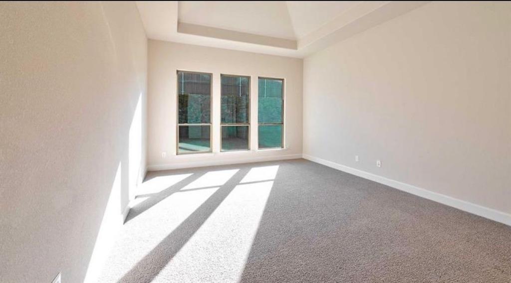 Room featuring neutral wall tones, plush wall-to-wall carpeting, a stepped ceiling, and three vertical windows