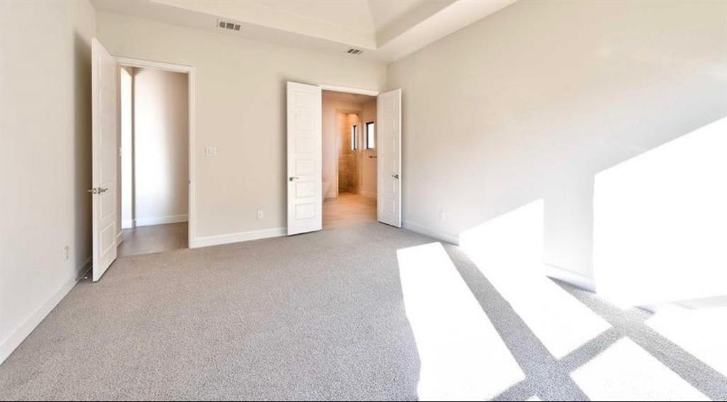 Neutral-toned carpeted flooring, tray ceiling, and multi-panel interior doors