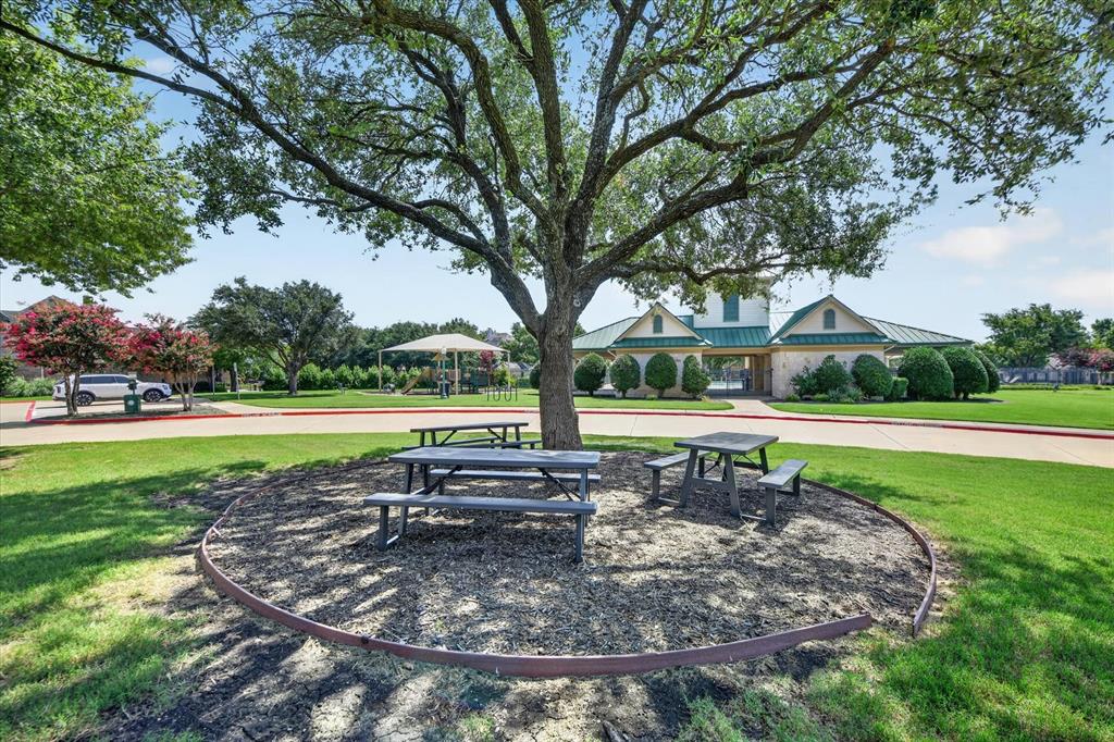 Community park area featuring expansive lawn, mature shade trees, and a pavilion structure