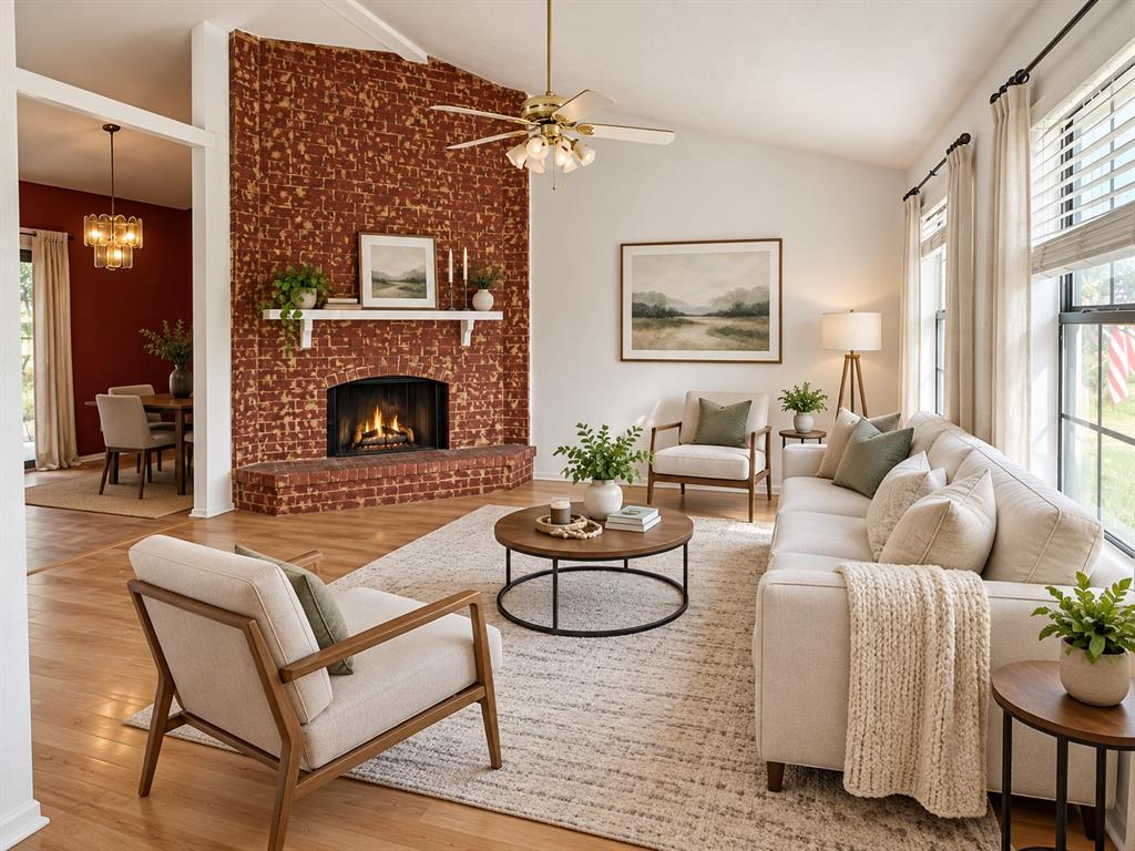 Living area featuring a floor-to-ceiling red brick fireplace, wood-finish flooring, vaulted ceilings, and large windows