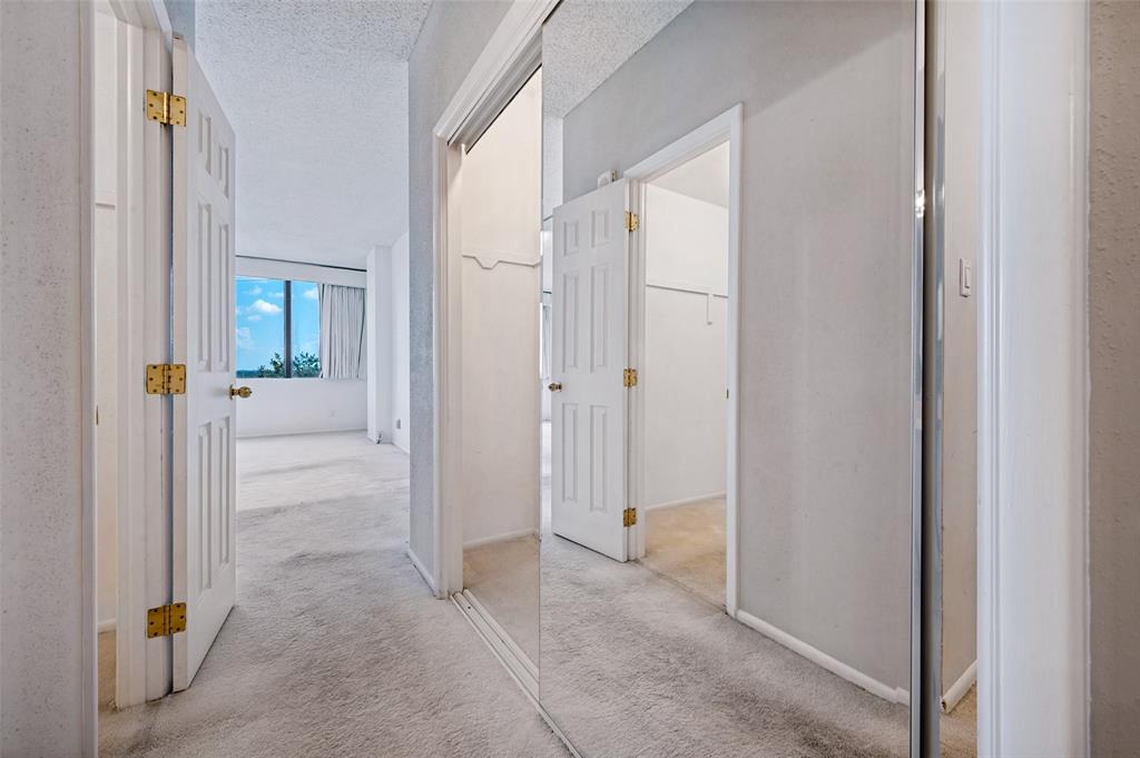 Floor-to-ceiling mirrored sliding closet doors, multi-panel interior doors with brass-finish hardware, and wall-to-wall carpeting
