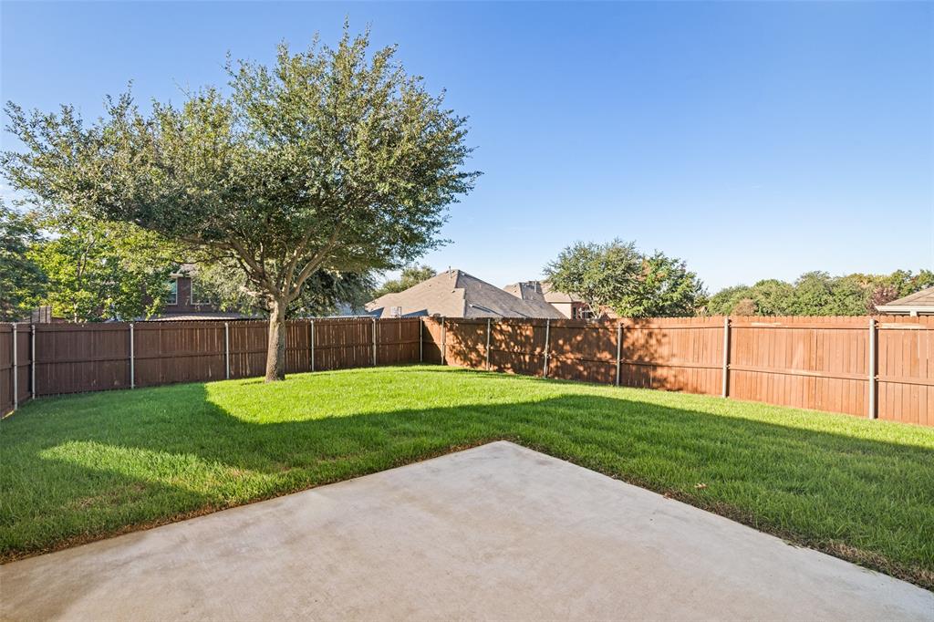 Backyard featuring a concrete patio, wood privacy fencing, and a mature tree