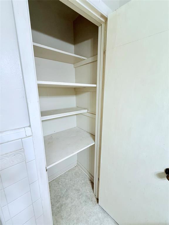 Built-in storage closet featuring multiple fixed shelving tiers and a solid panel door