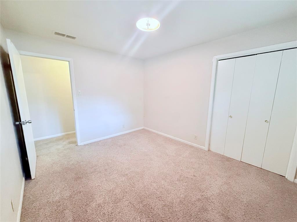 Neutral wall-to-wall carpeting, flush-mount ceiling lighting, and double-door closet with polished hardware