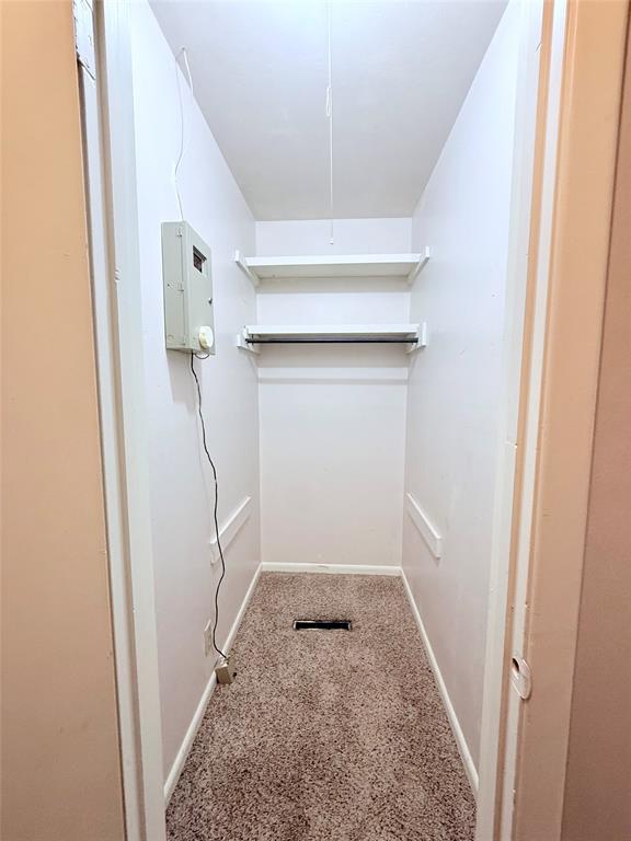 Storage space featuring carpeting and two white built-in wall shelves with a hanging rod