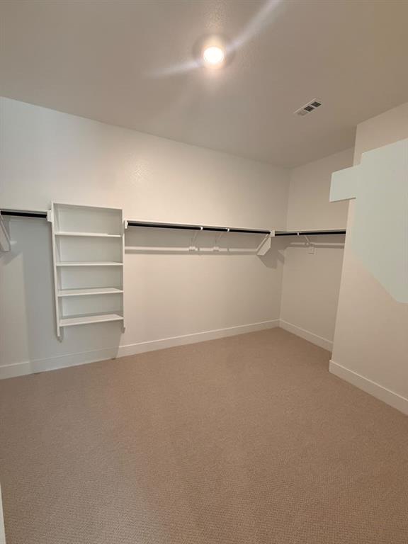 Walk-in closet featuring neutral carpeting, built-in shelving, and tiered hanging rods