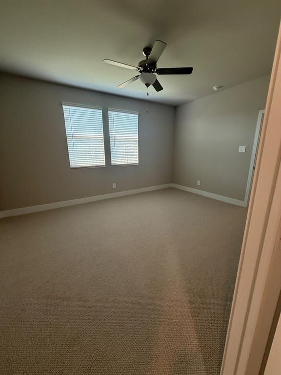Neutral-toned interior space featuring wall-to-wall carpeting, dual windows with fitted blinds, and a ceiling-mounted fan with integrated lighting