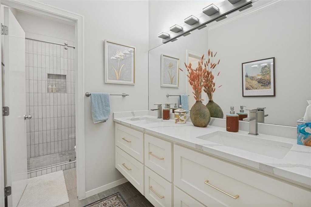 Hall bathroom with quartz counter custom vanity and shower, completely updated in 2026