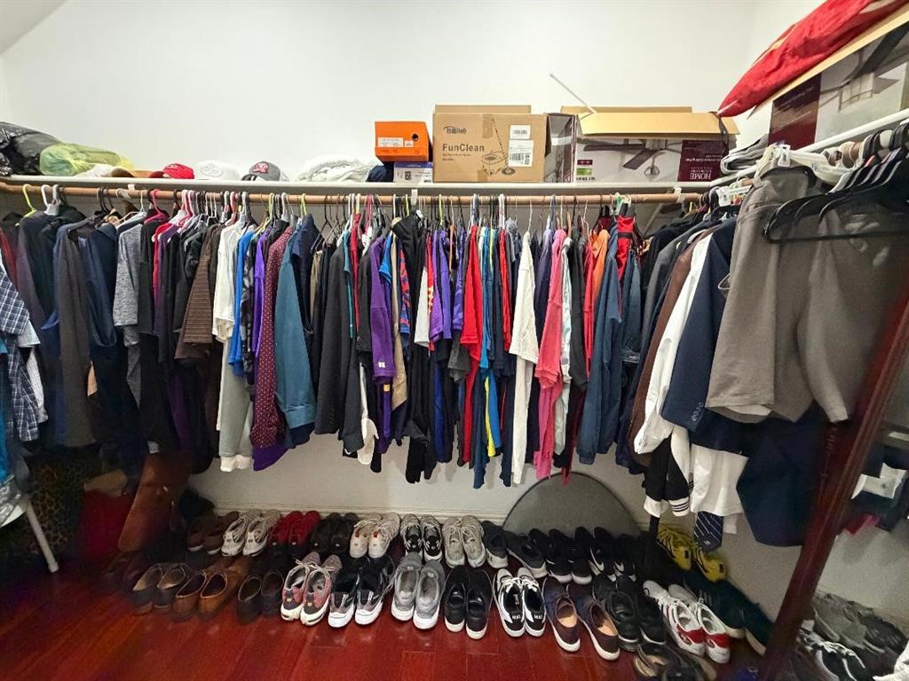 Walk-in closet featuring wood-finish flooring and integrated hanging rods with an upper shelving tier