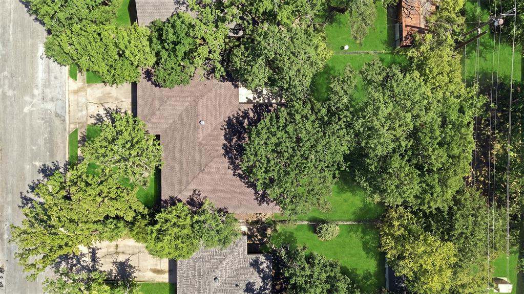 Aerial perspective showcasing the property's expansive green space and mature tree canopy