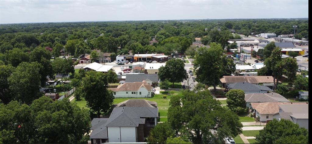 Aerial perspective of a residential area featuring mature tree canopy and established street infrastructure