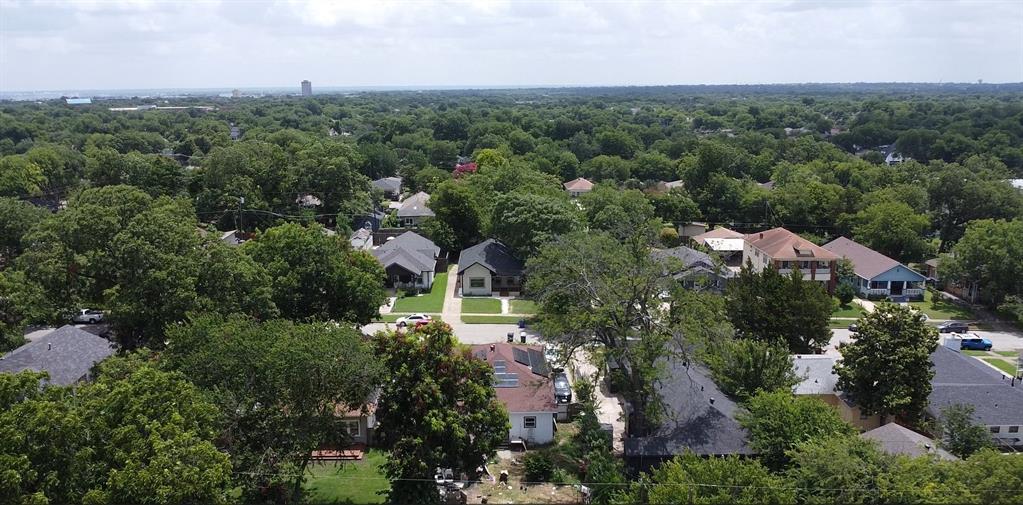 Aerial perspective of a neighborhood featuring mature tree canopy, gridded streets, and diverse residential rooflines
