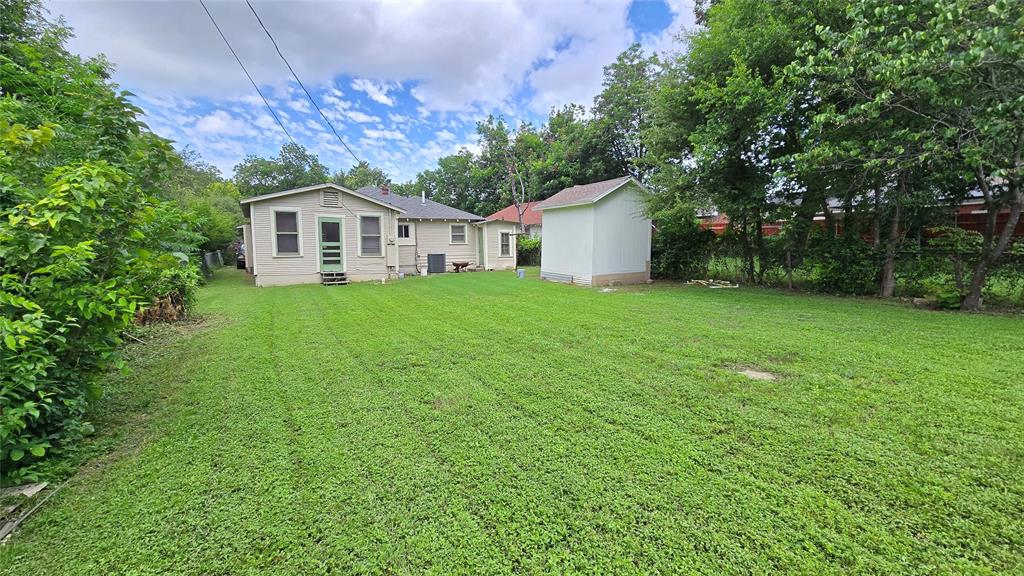 Expansive backyard featuring a level grass lawn, detached storage structure, and mature perimeter trees