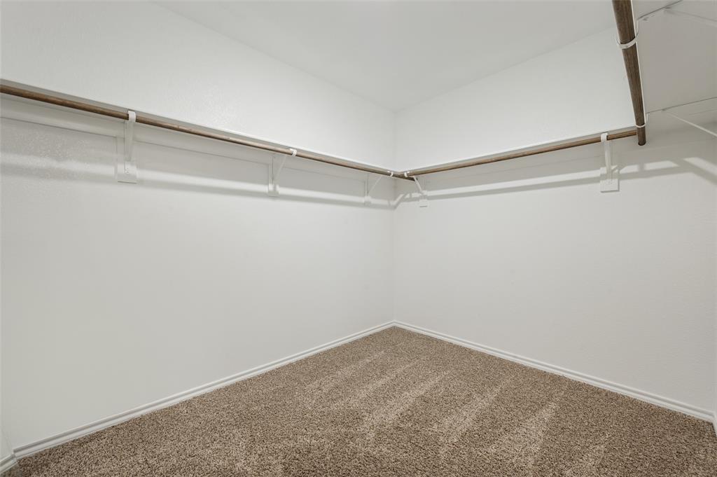 Walk-in storage space featuring neutral carpeting and wrap-around built-in shelving rods