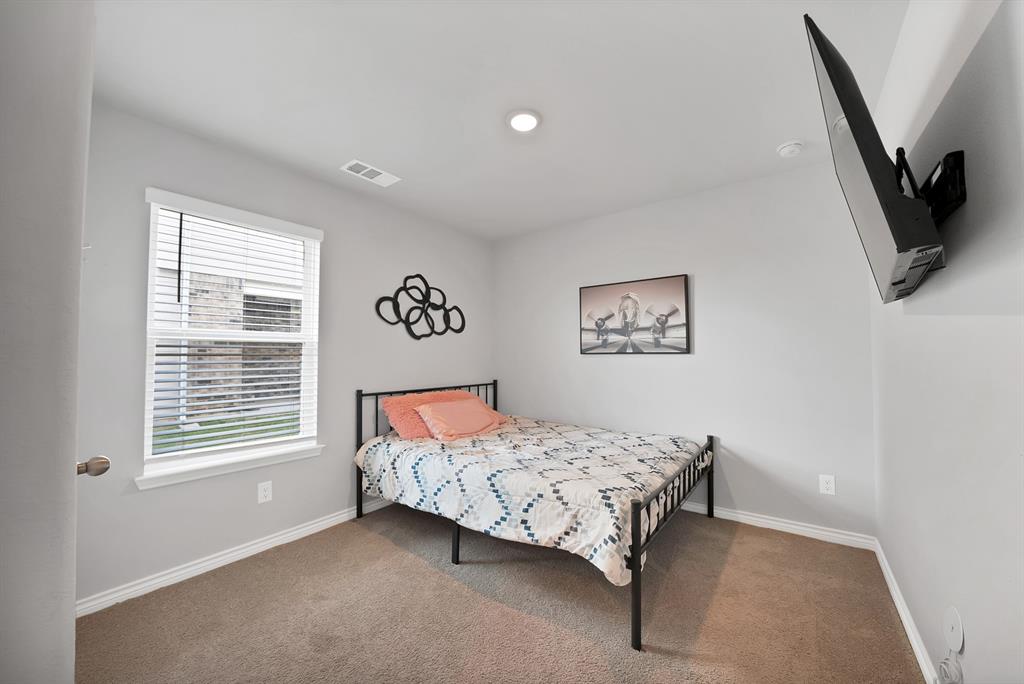 Neutral wall tones, wall-to-wall carpeting, and a single-hung window with blinds