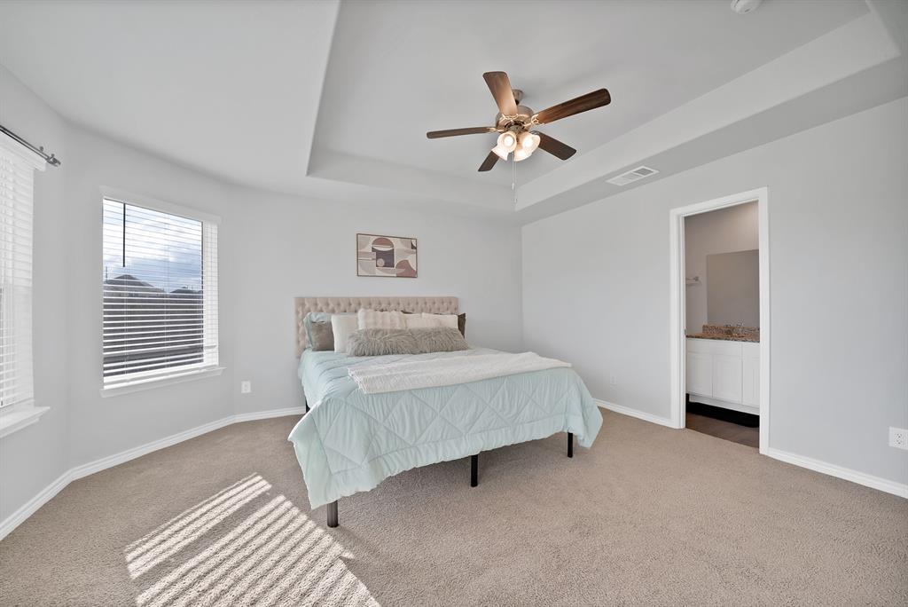 Tray ceiling with central ceiling fan, neutral carpeting, and large windows with blinds