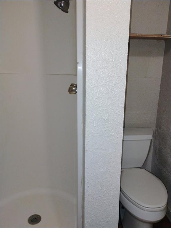 Shower stall with integrated surround, chrome fixtures, white porcelain toilet, and built-in shelving
