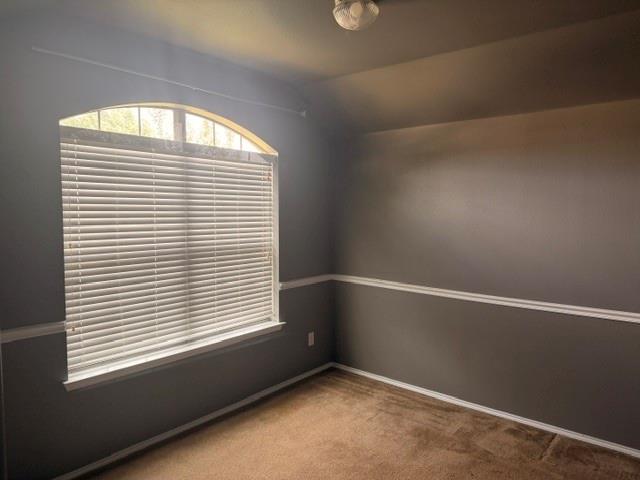 Room interior featuring an arched window, decorative chair rail molding, neutral wall paint, and carpeted flooring Room interior featuring an arched window, decorative chair rail molding, neutral wall paint, and carpeted flooring