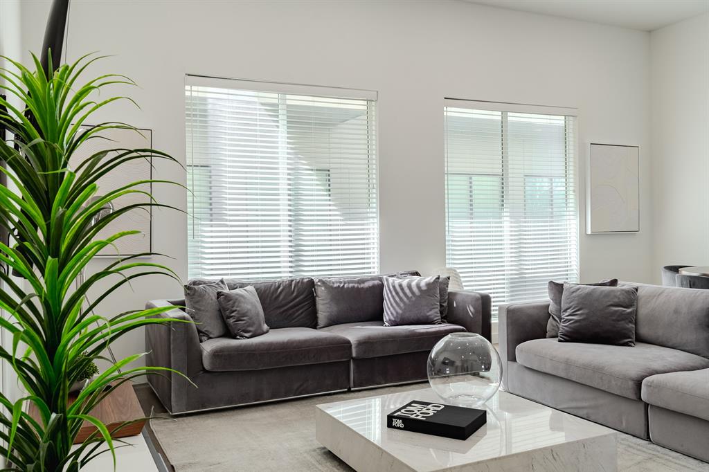 High ceilings and dual large-format windows with horizontal blinds