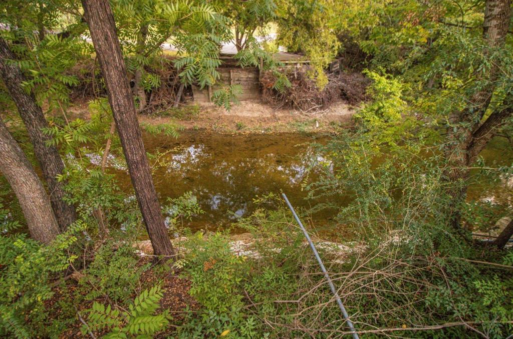 Natural creek with mature deciduous trees and a wooden bulkhead retaining wall