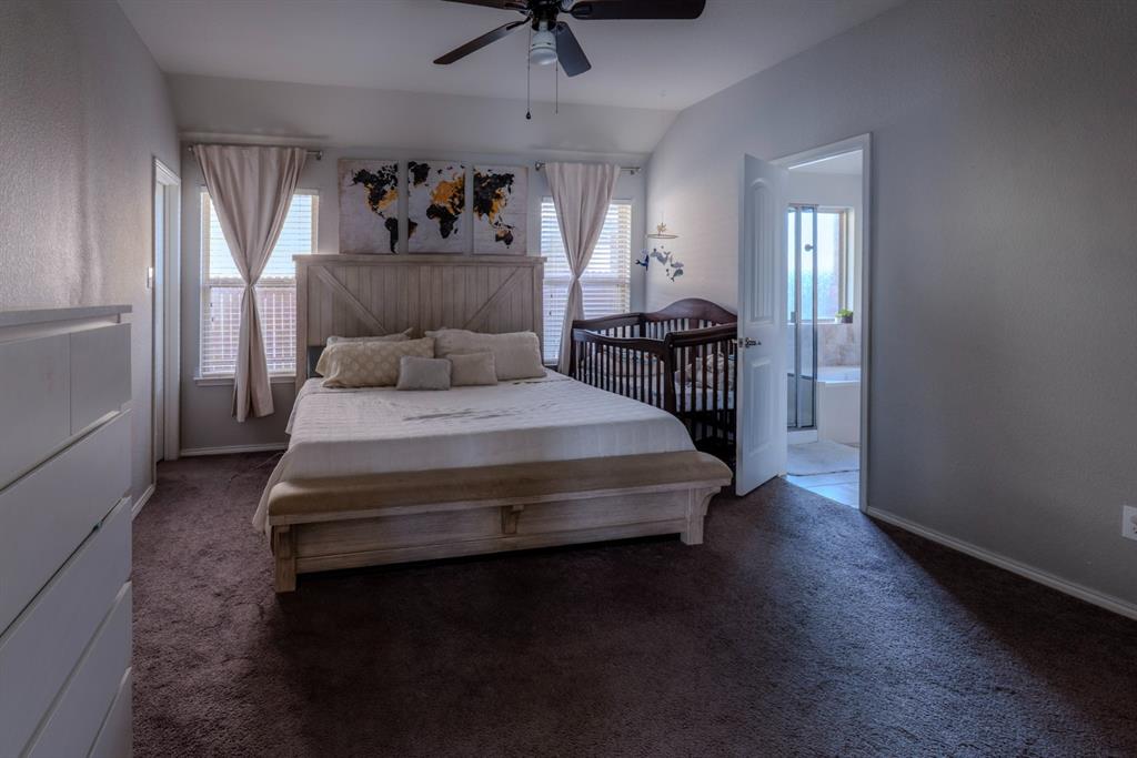 Vaulted ceiling with a centrally mounted ceiling fan, dual windows, and plush wall-to-wall carpeting