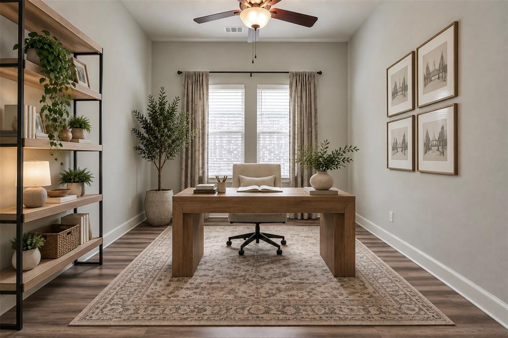 Wood-finish flooring, built-in metal and wood-finish shelving, and a ceiling fan with integrated lighting