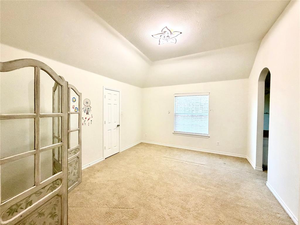 Vaulted ceiling featuring a decorative floral-style ceiling light fixture, neutral wall-to-wall carpeting, and an arched entryway