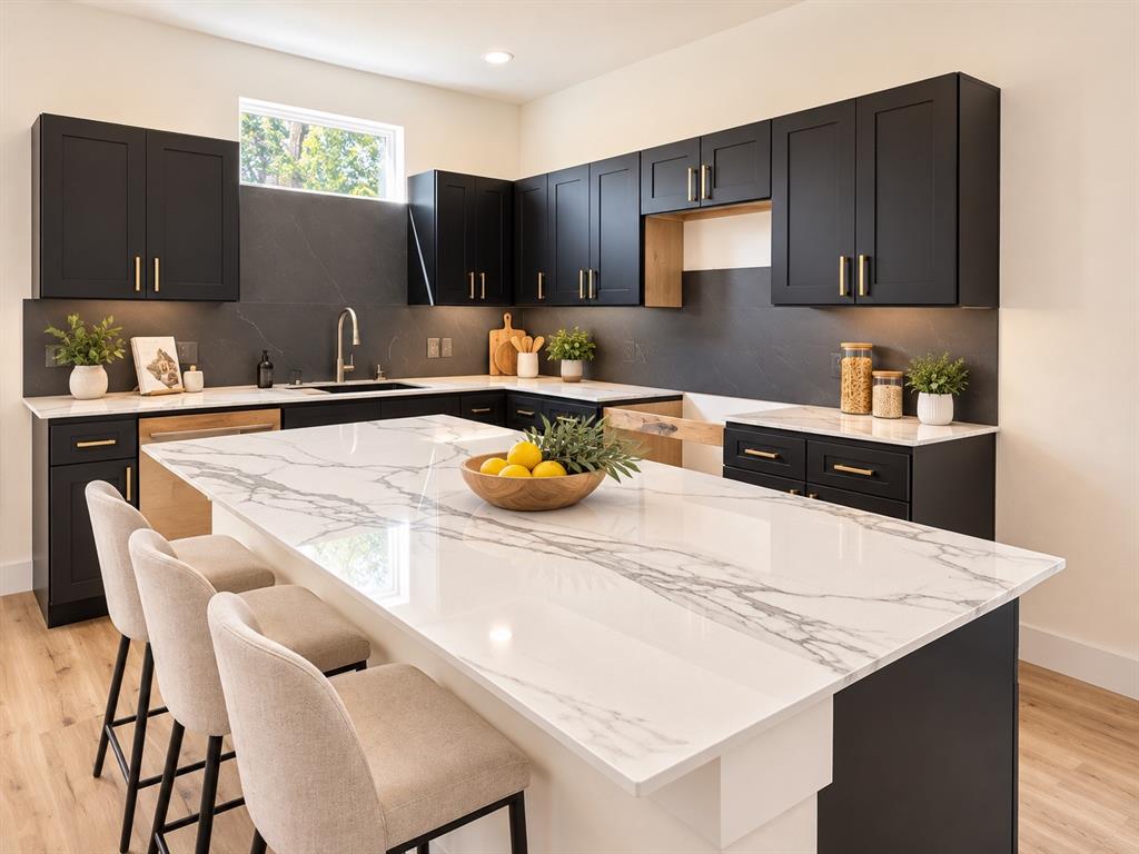 Kitchen featuring matte black cabinetry with brushed gold hardware, stone-finish countertops, full-height dark slab backsplash, large center island with waterfall edge, and wood-finish flooring