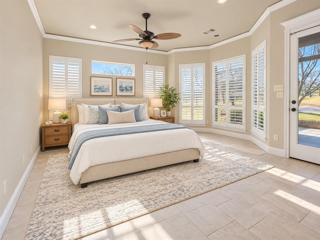 Bay window featuring plantation shutters, recessed lighting, tile flooring, crown molding, and a ceiling fan with integrated light fixture