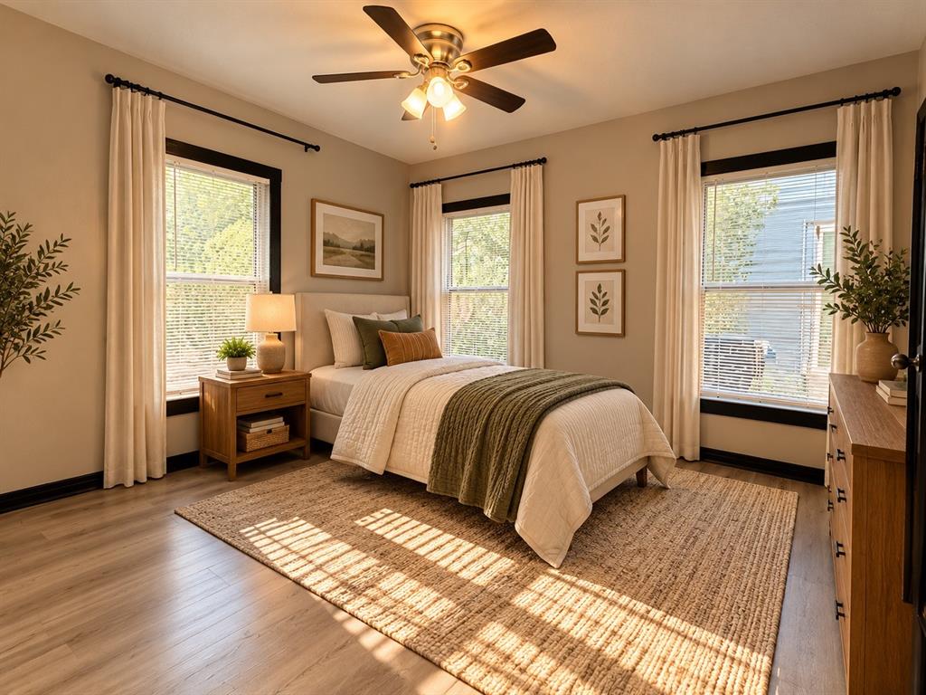 Virtually staged to showcase how the space can accommodate a twin bed and additional furnishings.