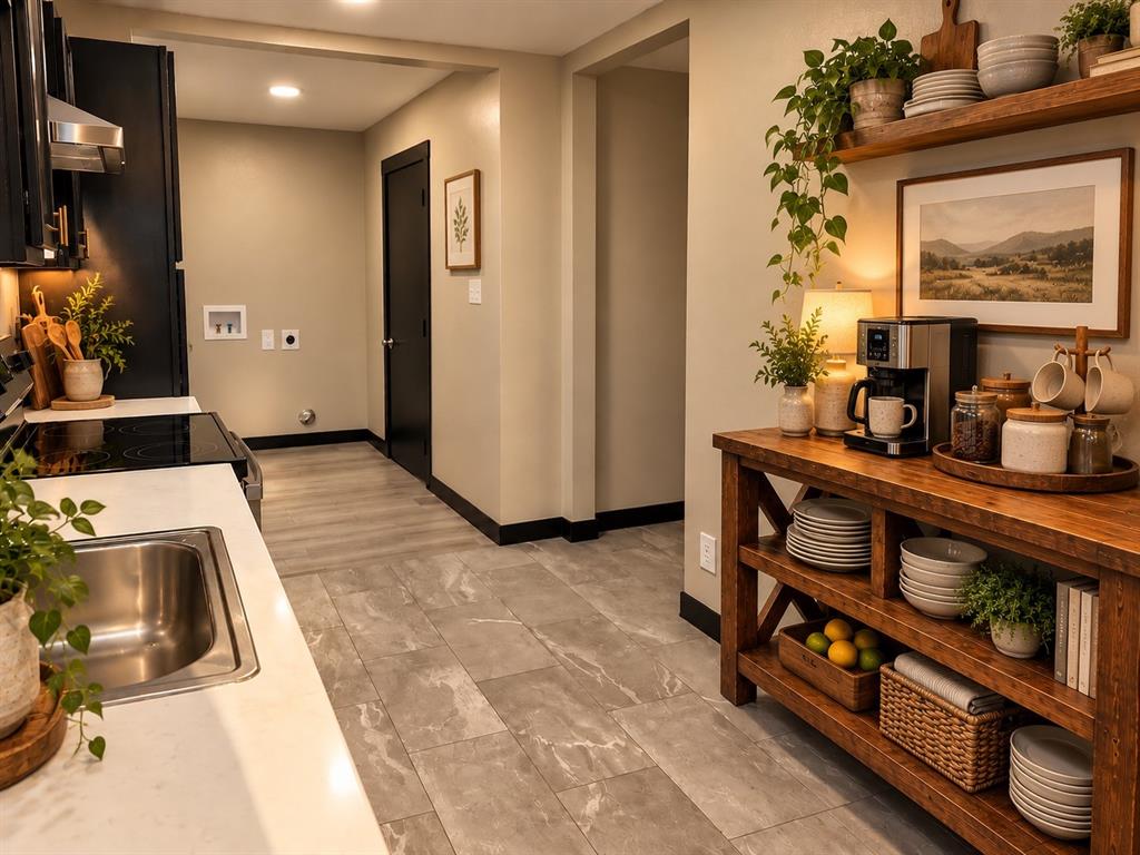 VIrtually Staged -    Additional shelving offers convenient space for a coffee station, kitchen essentials, or extra storage.