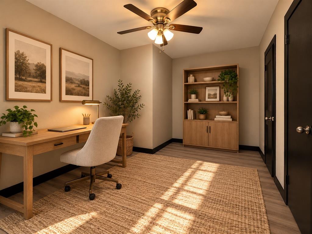 Virtually staged to illustrate a functional and inviting home workspace.