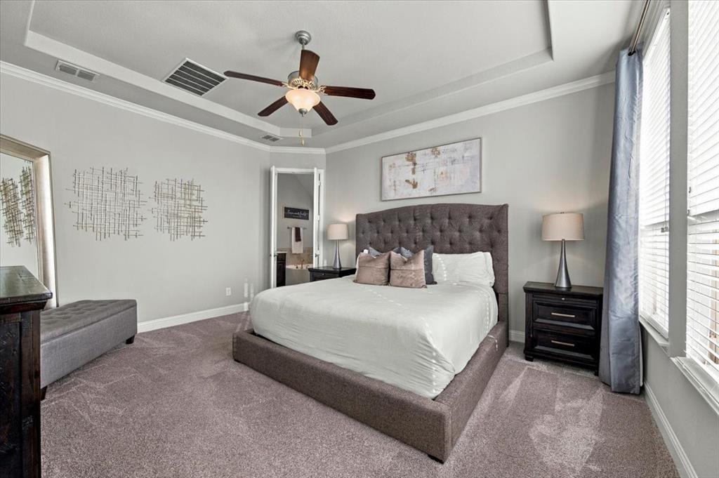 Primary Bedroom features a tray ceiling with crown molding and a ceiling fan with light fixture, a wall of side windows, and a doorway connecting to the primary bathroom. Carpet flooring extends throughout.