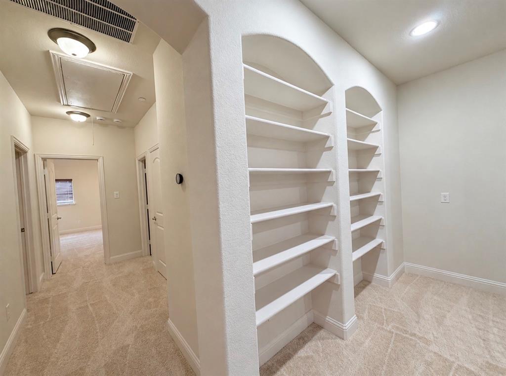 Dual arched built-in shelving units with fixed-tier storage and wall-to-wall carpeting