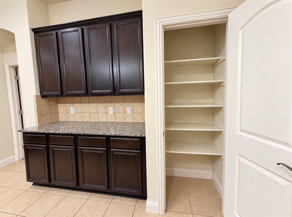 Dark wood cabinetry with stone-finish countertops, square-tile backsplash, and walk-in pantry with multi-level shelving