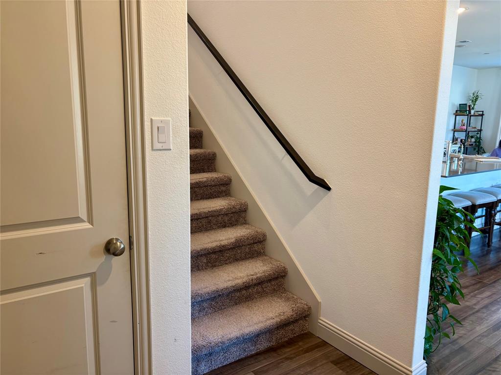 Staircase with neutral-toned carpeting and a dark-finished handrail, accompanied by a solid-panel door and wood-finish flooring
