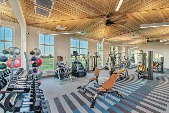 Vaulted wood-plank ceiling featuring integrated linear lighting and ceiling fans, complemented by expansive multi-pane windows